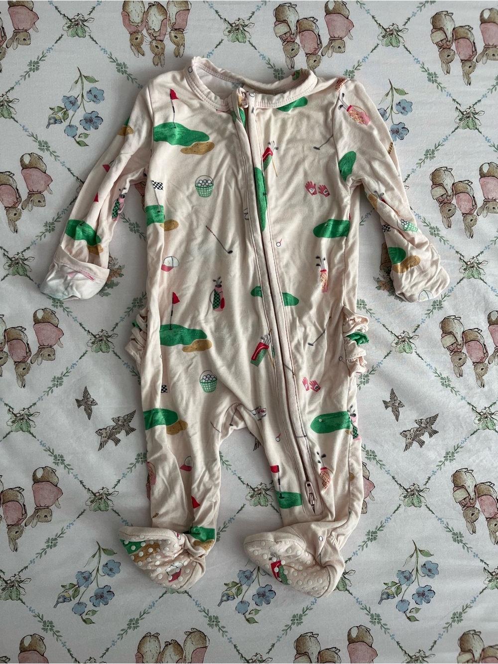 Bamboo Ruffled Golf Print Footed Onesie